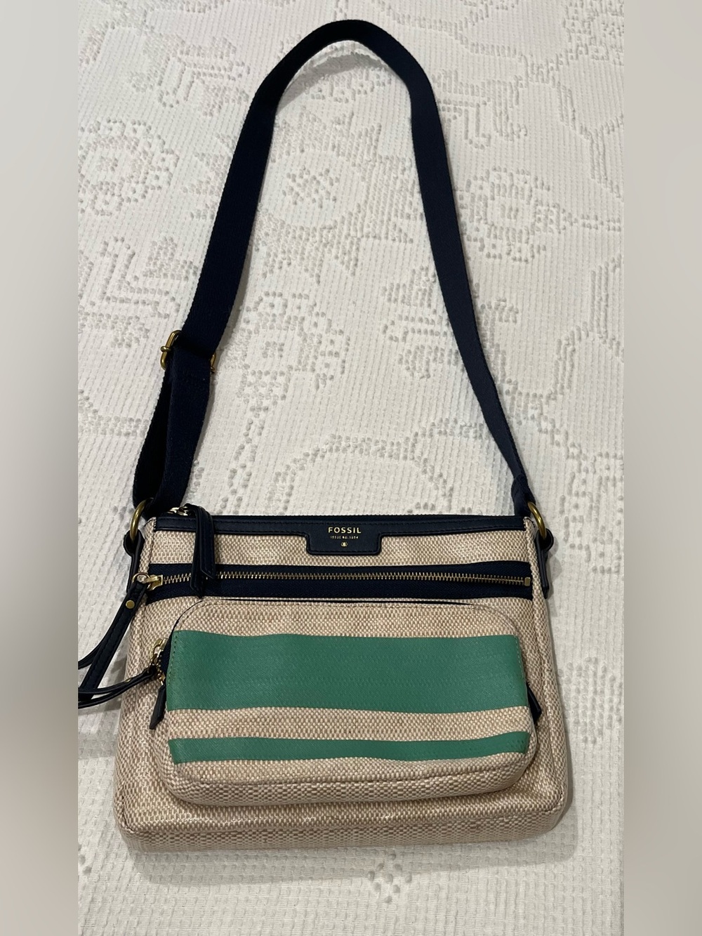 Fossil Crossbody Bag, Navy Leather and Teal Stripe, EUC